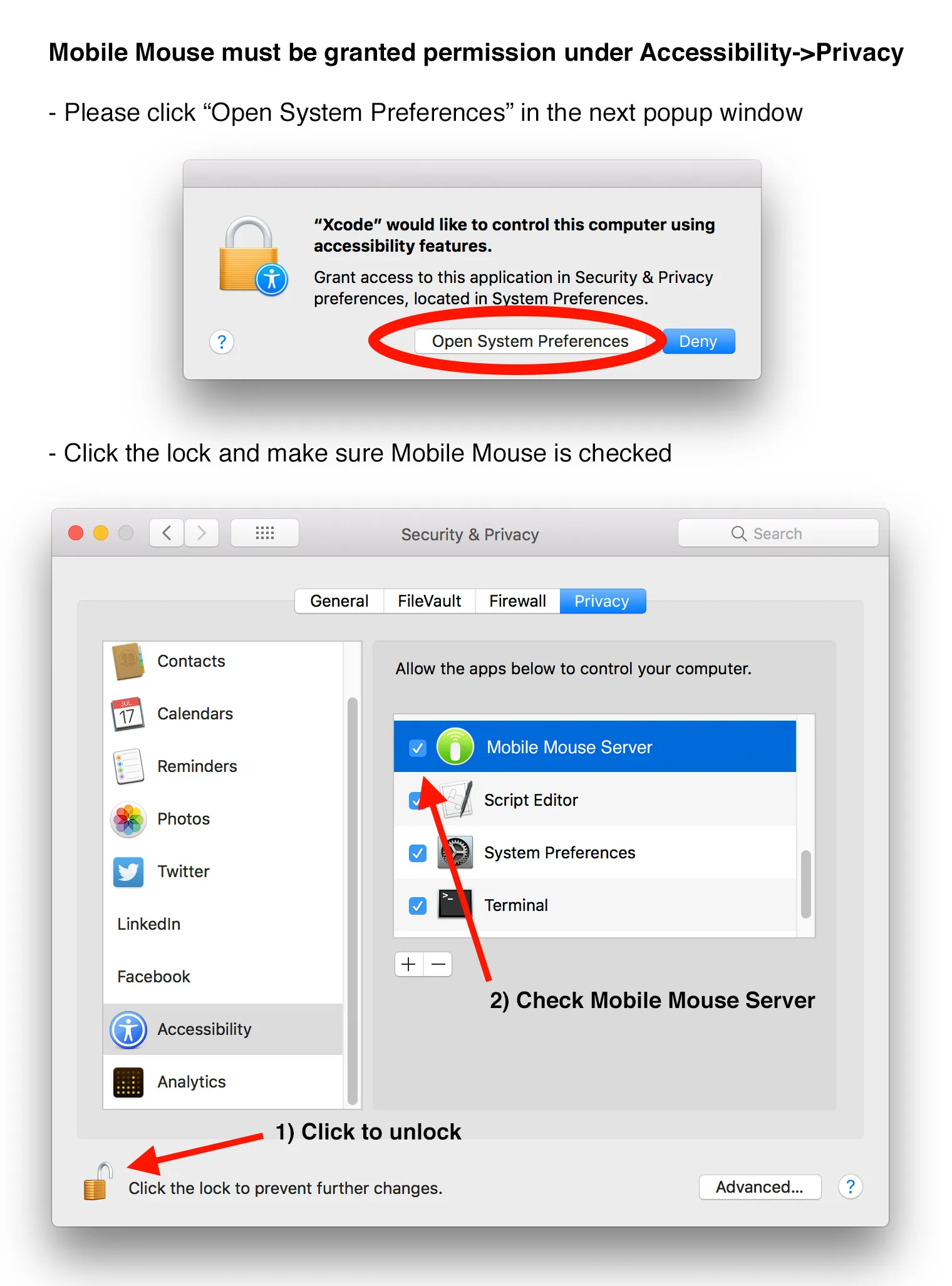Mobile Mouse enabled in macOS Accessibility settings